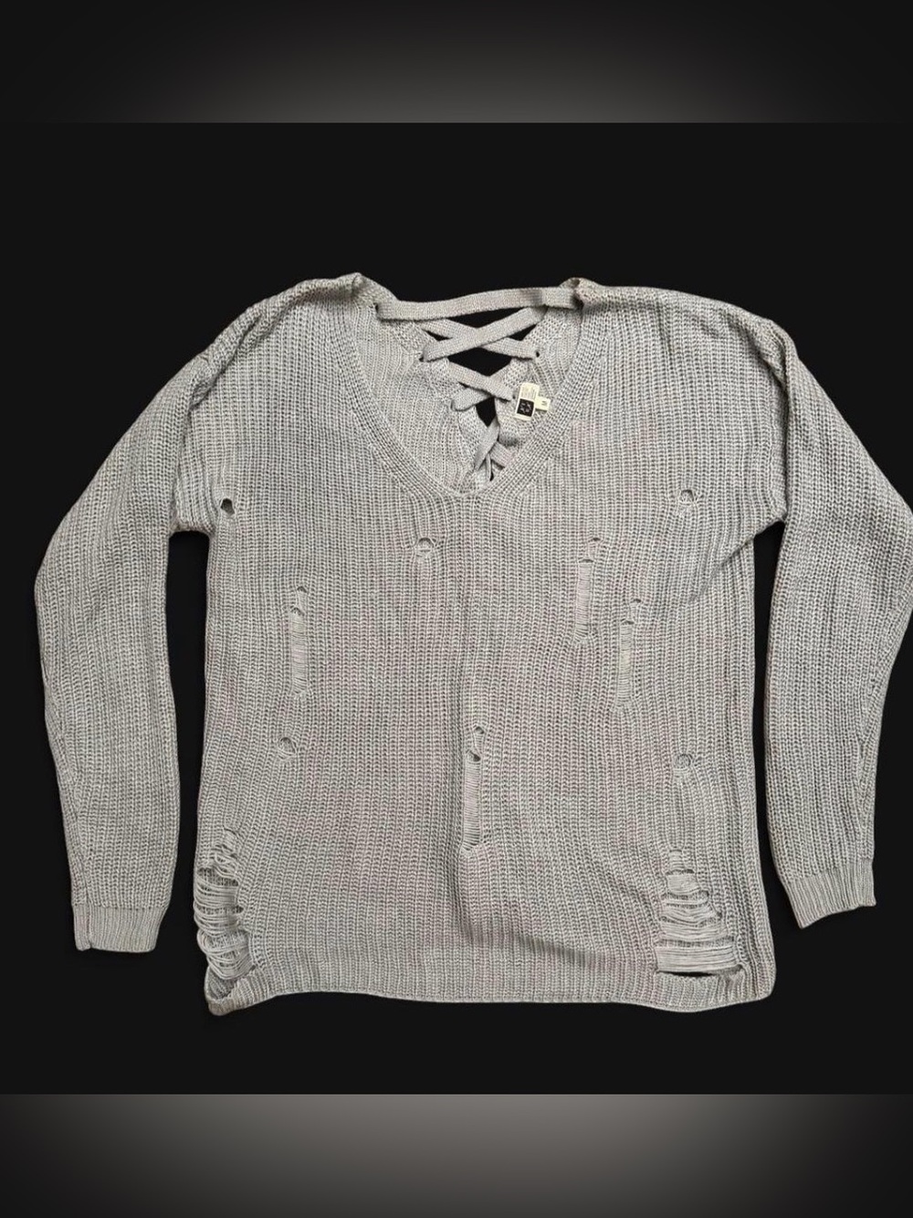 LIRA “CRTV | SCTY” Distressed Lace-Up V-Neck Sweater - Light Gray